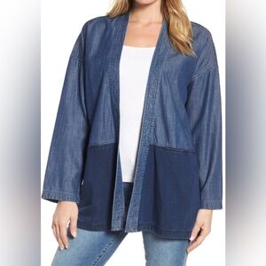 EILEEN FISHER Denim Kimono Open Jacket Women M Chambray Blue Colorblock Pocketed